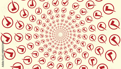Abstract spiral pattern made of repeating red Yes icons, on a clean light background.