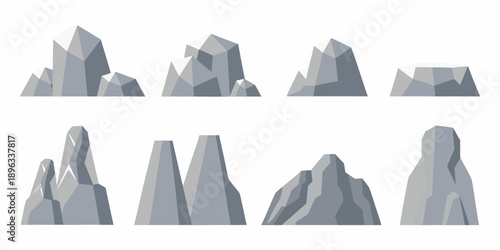 Stylized low poly grey rock formations and mountain shapes set