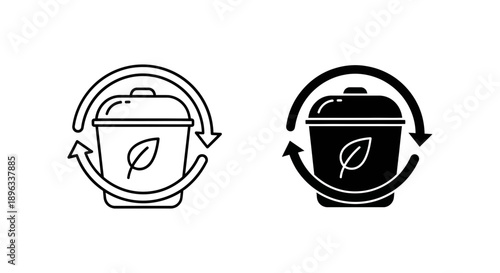 Recycling bin icon with a leaf symbol and circular arrows, representing waste management, environmental responsibility, and circular economy