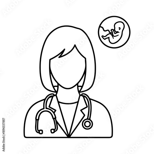 Illustration of a gynecologist with a fetus symbol, representing healthcare and maternity services