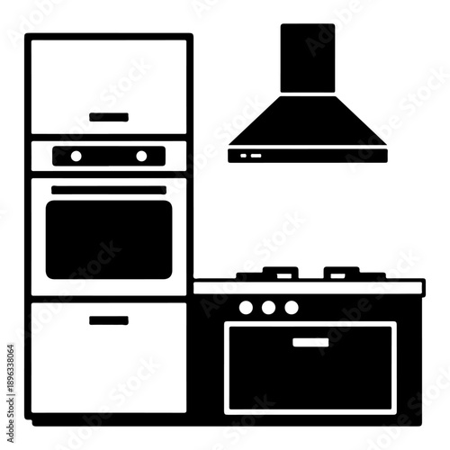 Black and white illustration of a modern kitchen with an oven, stovetop, and exhaust hood