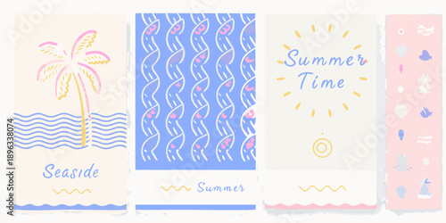 Colorful summer themed rectangular illustrations with tropical motifs and seaside elements