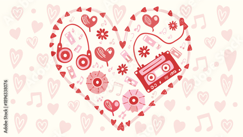 Valentine’s Day cute doodle graphics pack, hand sketched romantic icons with heart shapes, bow ribbon, wedding theme and bachelorette party love elements.