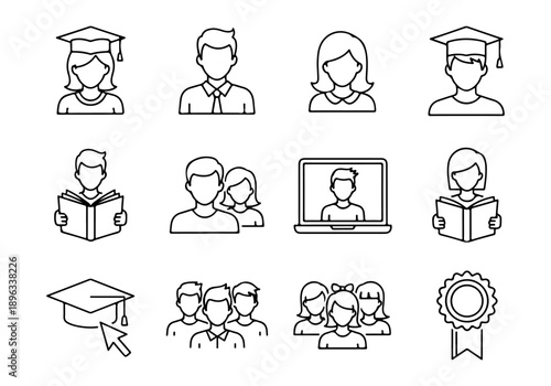 Educational Icon Set Symbols of Learning, Students, and Academic Achievement