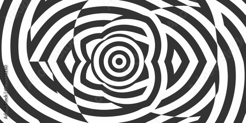 Optical illusion featuring concentric circles and swirling black and white patterns