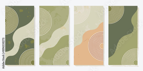 Abstract botanical shapes in earthy tones forming a modern art panel set