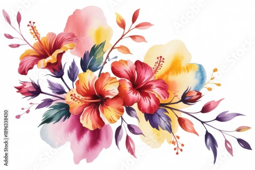 Tropical hibiscus bouquet watercolor illustration with vibrant red and orange petal colors