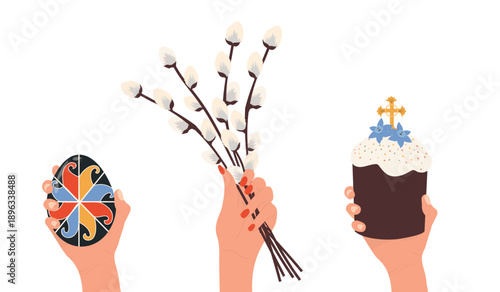Set of Christianity Easter elements. Hand holds Kulich, Easter egg, willow branches. Vector illustration