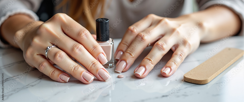 Fototapeta premium Woman applying nail polish to her broken nails on marble table 