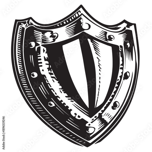 Black and white etched heraldic shield with rivets and a reflective central surface, ideal for medieval or fantasy themed graphic design projects