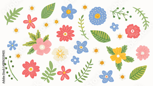 Colorful floral icon collection. Includes various flowers, leaves, and foliage. Created in flat style with pastel palette.
