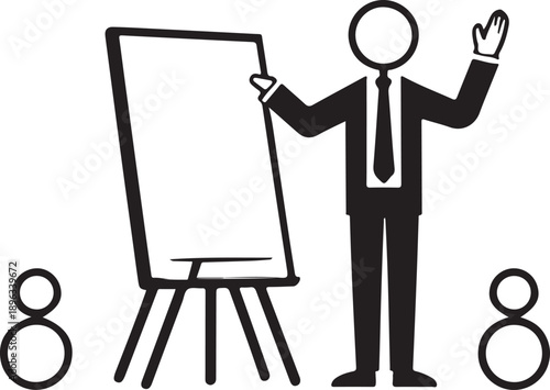 Stick figure presenting to an audience using a whiteboard and pointer