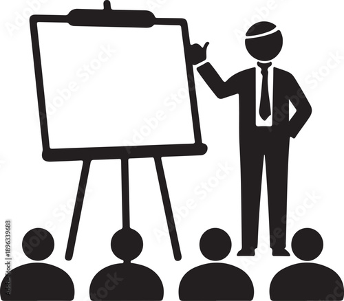 A presenter giving a lecture to an audience depicted as a black and white icon