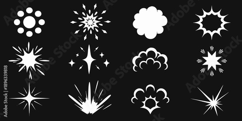 Collection of abstract white starburst and sparkle shaped graphic elements on black