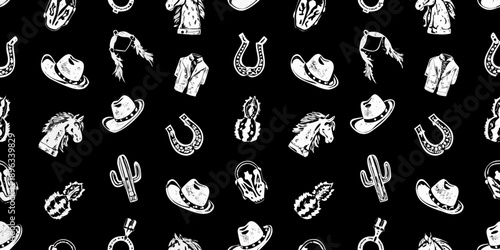 Seamless pattern of western themed elements hats horses cacti and horseshoes