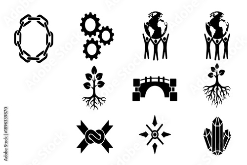 corporate synergy and unity shape - Collection of Black Vector Icons: Chain, Gears, Globe, Tree, Bridge, Knot, Compass, and Crystals