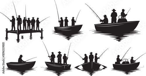 Silhouette collection of seven groups fishing from boats and dock, showcasing recreational activity, teamwork, outdoor lifestyle, water reflections, and diverse fishing scenarios f