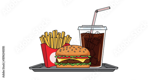 Illustration of a fast food meal with a burger, fries, and soda on a tray against a white background.
