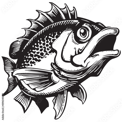 Dynamic black and white woodcut style artistic rendering of a fierce largemouth bass fish with an open mouth, swimming vigorously, isolated on a white background