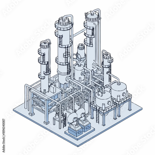 Detailed Isometric Blueprint of an Industrial Chemical Plant.