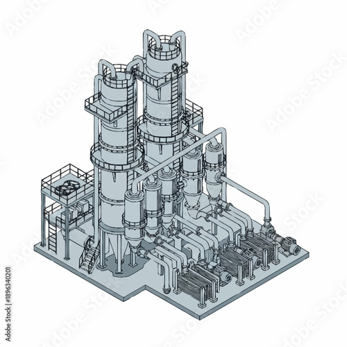 Detailed isometric line drawing of an industrial processing plant with multiple towers and pipes.