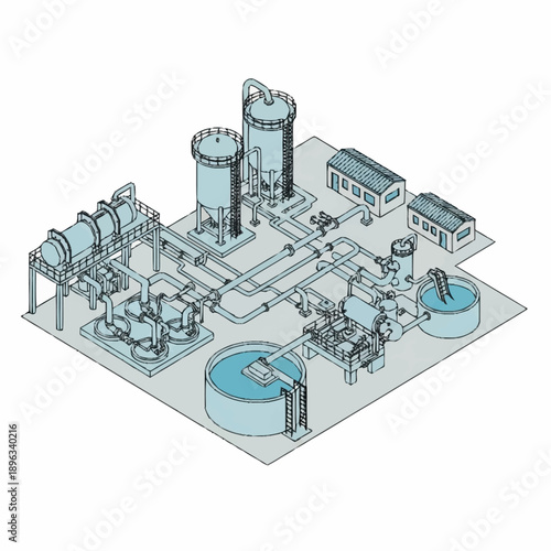 Detailed Isometric View of an Industrial Water Treatment Plant Layout.