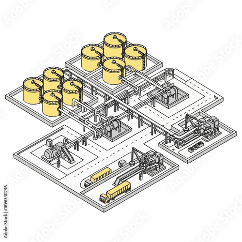 Industrial facility with storage tanks and processing units.