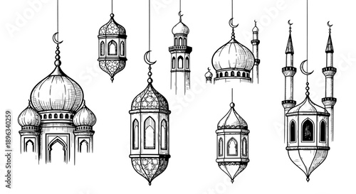 Hand Drawn Islamic Ornament Set with Mosque Domes, Minarets, and Arabic Lanterns for Ramadan Kareem and Eid Mubarak Decoration