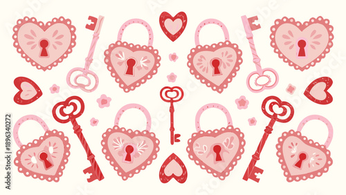 Valentine's Day love icon collection. Includes heart shaped locks, keys, and symbols. Created in cute flat style with pink and red palette