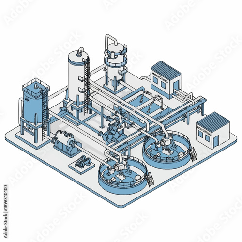 Industrial water treatment plant isometric illustration.