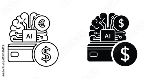 AI technology investment growth concept with hands stacking coins and dollar signs on digital circuit boards