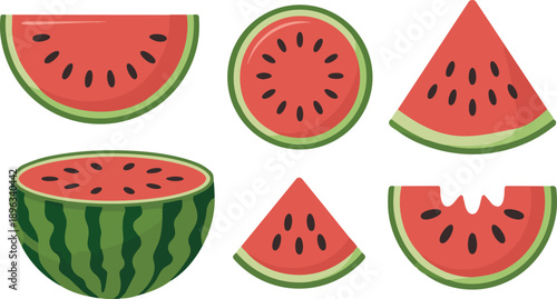 Watermelon summer fruit clipart set. Tropical fruit watermelon drawing in whole, slice and cut elements clip art collection vector illustration.