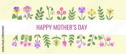 Horizontal Mother's Day banner with happy greeting text centered between borders of geometric spring flowers including pansies, daffodils, and snowdrops