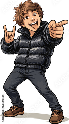 Funny young man in puffer jacket cartoon character