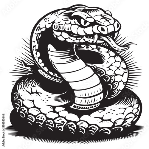 Aggressive cobra coiled, striking pose with fangs, detailed scales, radiating light, bold black and white tattoo art style, venomous threat imagery