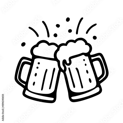 Two hand-drawn cartoon beer mugs clinking in a toast, celebration illustration