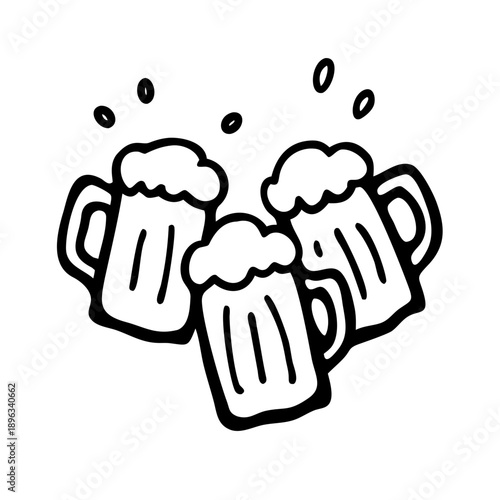Hand-drawn cartoon beer mugs clinking for a celebratory toast illustration