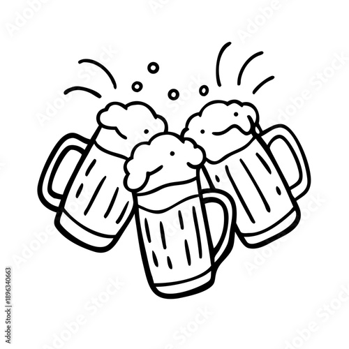 Two hand-drawn cartoon beer mugs clinking in a toast, celebration illustration