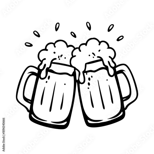 Cartoon style hand-drawn beer mugs clinking together in a celebratory toast