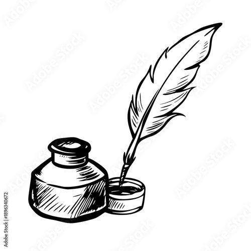 Vintage hand-drawn quill pen and inkwell illustration for writing and history