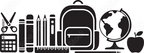 Black and white school supplies arranged in a row stationery