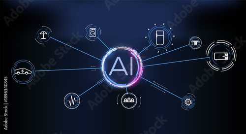 Visual display of AI technology with various applications showcasing transportation, healthcare, and home automation