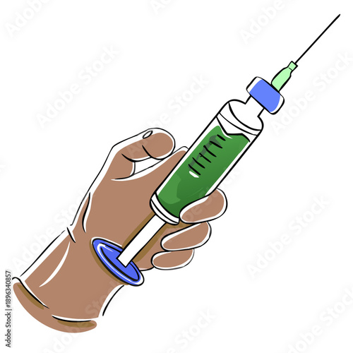 Hand holding a syringe filled with green liquid for injection  