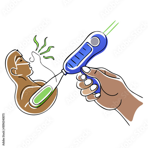 Hand holding temperature gun pointing at person's body for health check  