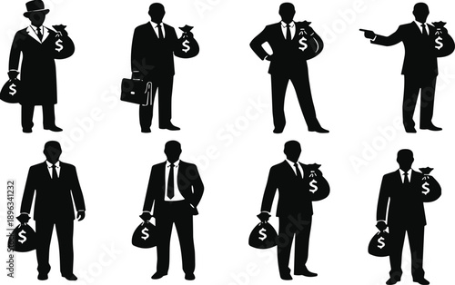 Businessman silhouette holding money bag, financial success concept, wealth symbol, corporate finance illustration, investment icon, economy theme, flat vector