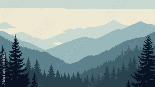 Mountain landscape with pine trees.