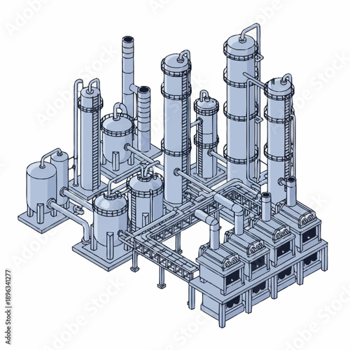 Isometric Industrial Chemical Plant with Towers and Pipes.