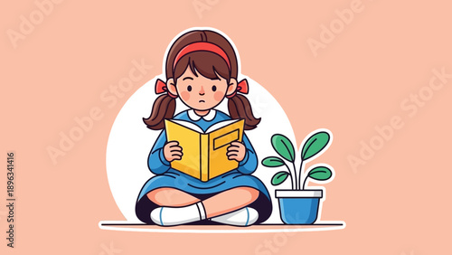 Girl Reading a Book Sitting.