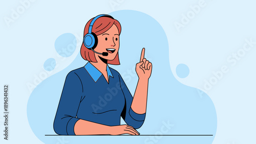 Woman Wearing Headset Pointing Finger Upwards.
