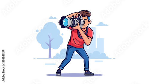 Man holding large camera lens.